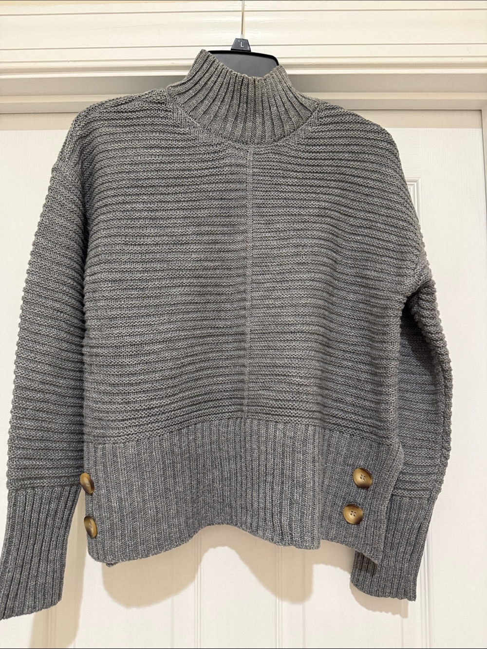 Madison & Hudson Ribbed Mock Neck Sweater with Button Hem - Gray